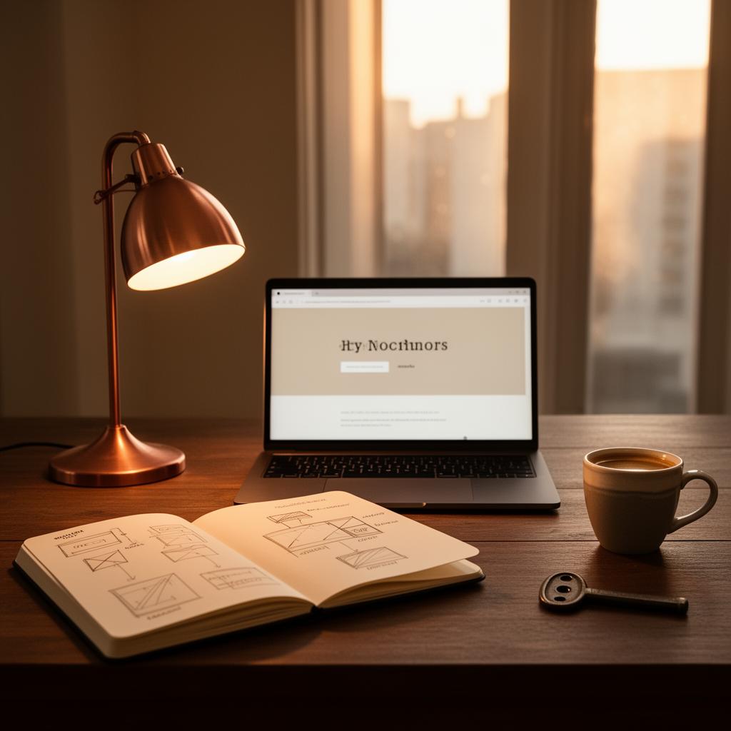 Studio Henry — bureau, lampe cuivre, carnet de wireframes, écran de site