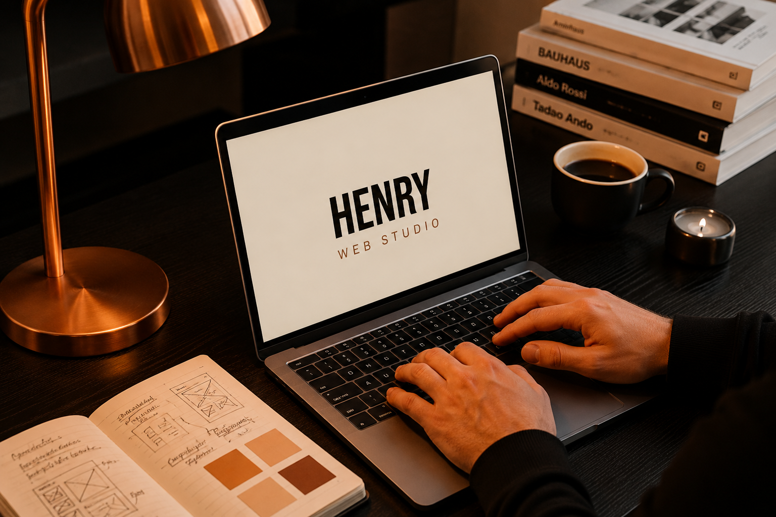 MacBook affichant le site Henry Web Studio — design web sur-mesure