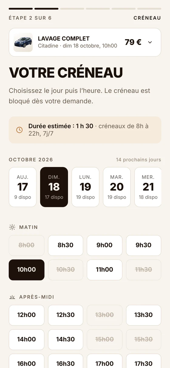 Module de réservation sur mobile, choix du créneau
