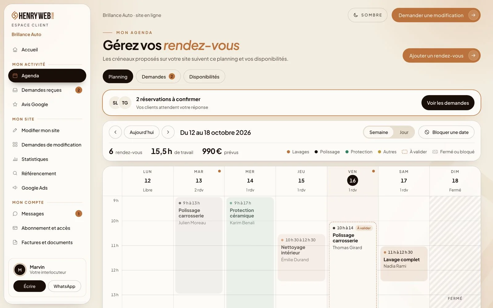 Agenda de l'Espace Client