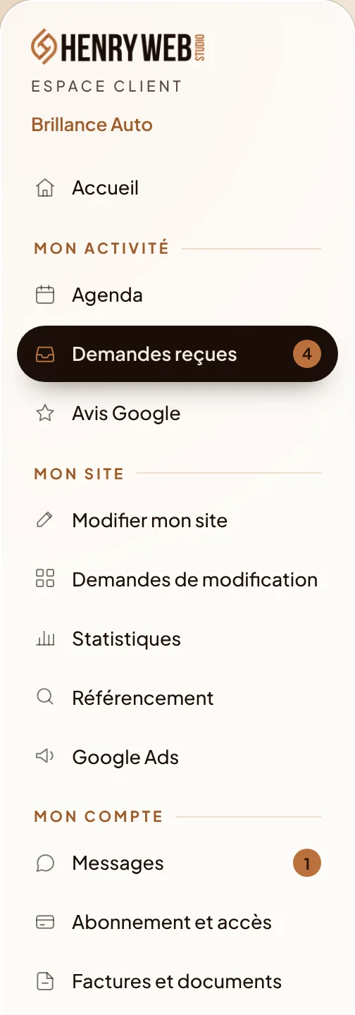 Menu de l'Espace Client